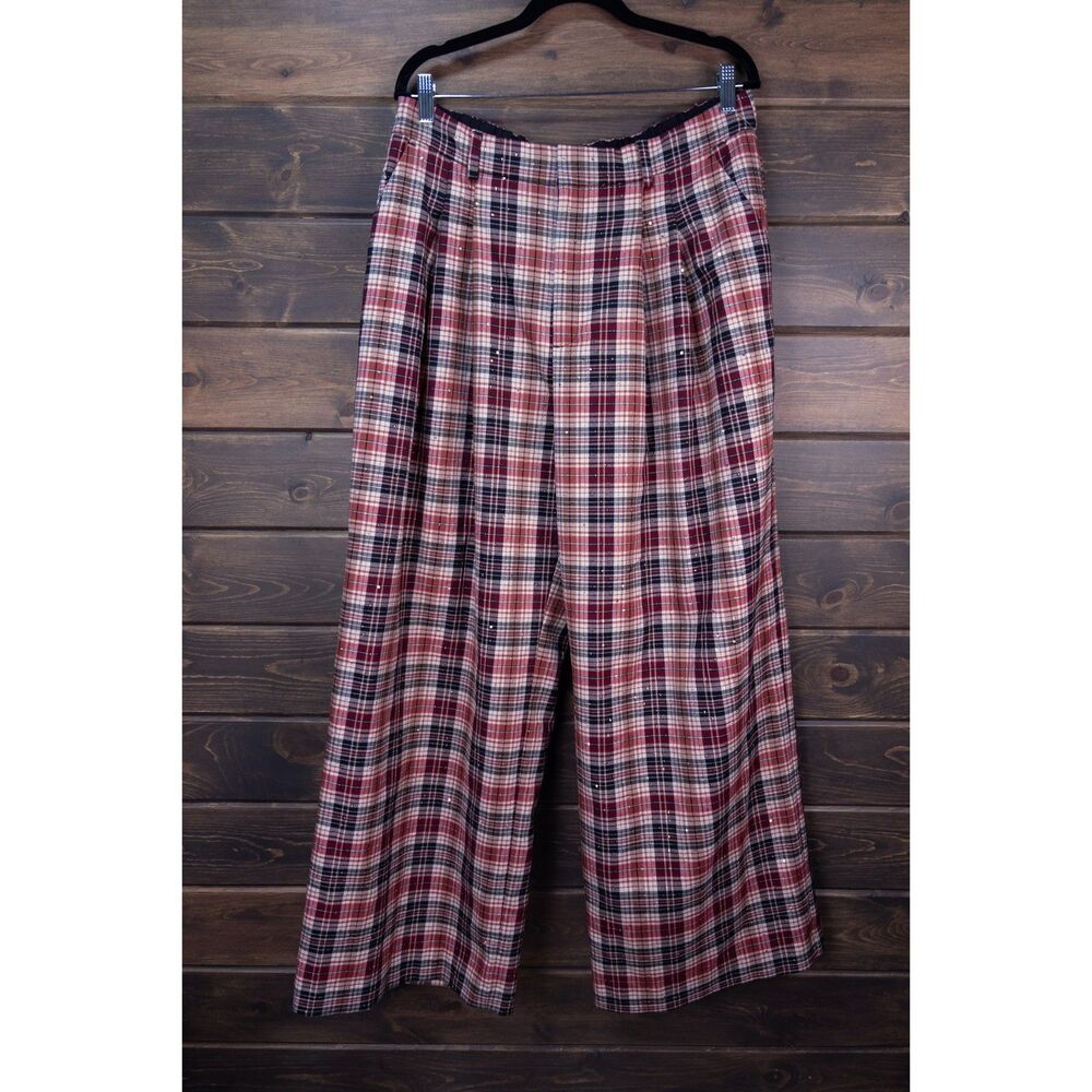 Maeve Anthropologie The Avery Plaid Sequin Wide Leg Pants Size Large